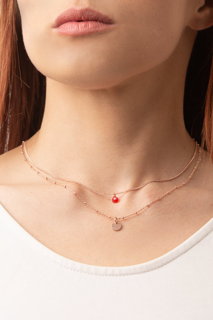 Collana in argento doppio filo oro rosa e rubino