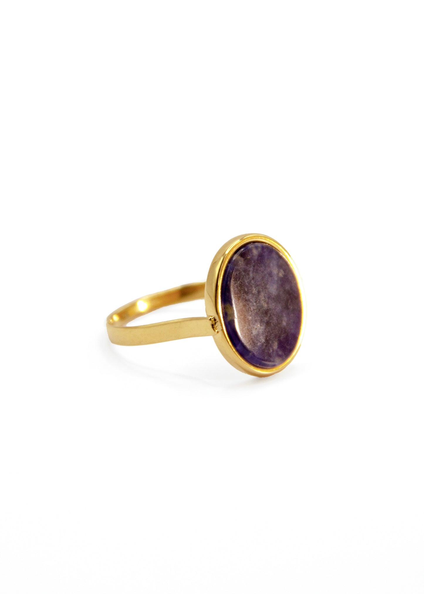 Anello ovale in acciaio placcato oro con pietra dura naturale. Fascia sottile e regolabile, montatura liscia che avvolge la pietra. Disponibile in diversi colori, dal design elegante e raffinato. pietra blu lapis