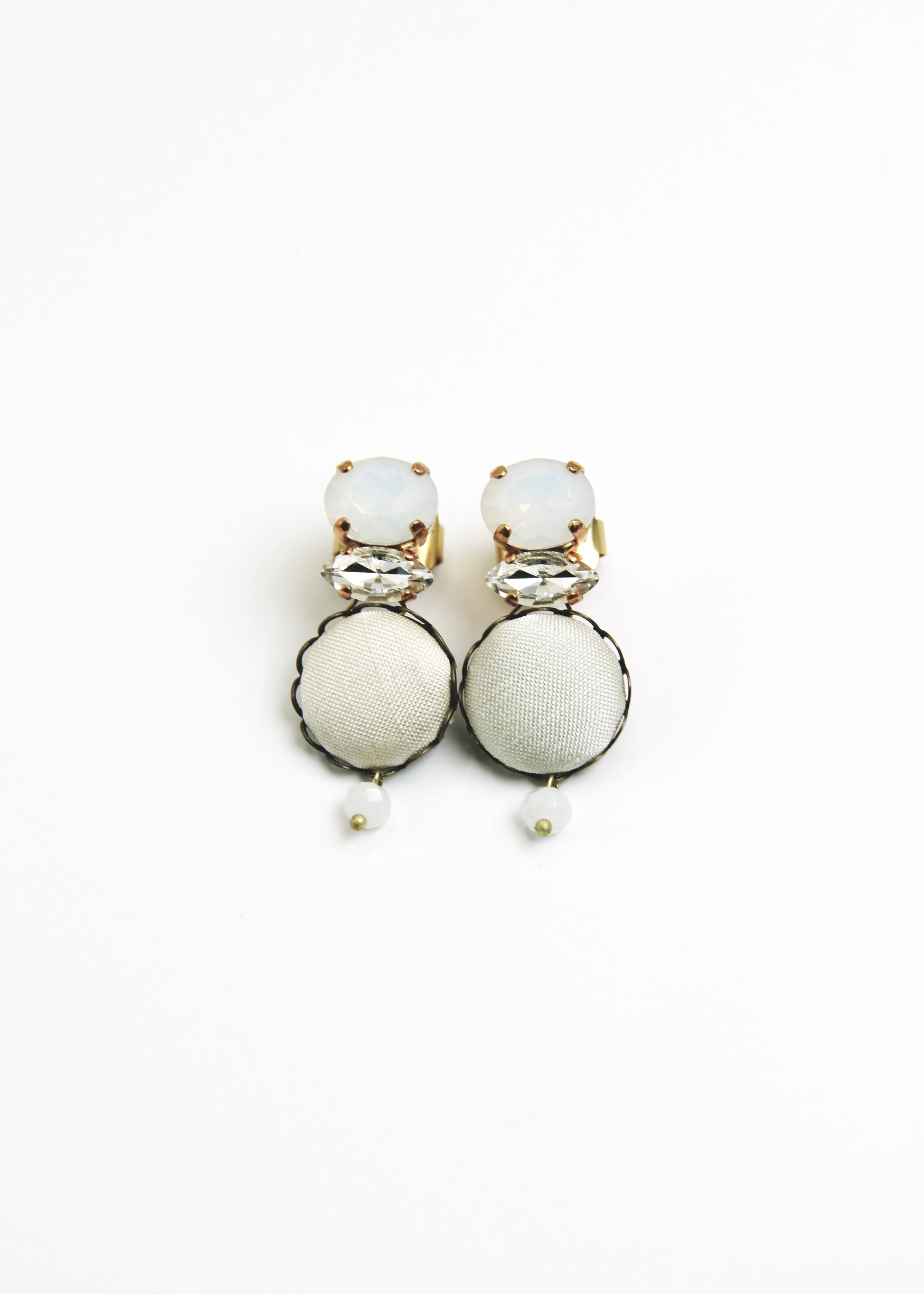 Orecchino artigianale Metropolitan realizzato da laura sciunnach bijoux modello Venezia con bottone in stoffa bianco perla, cristalli tagliati e perlina pendente – gioiello fatto a mano, leggero e personalizzabile, ispirato alla città di Venezia.