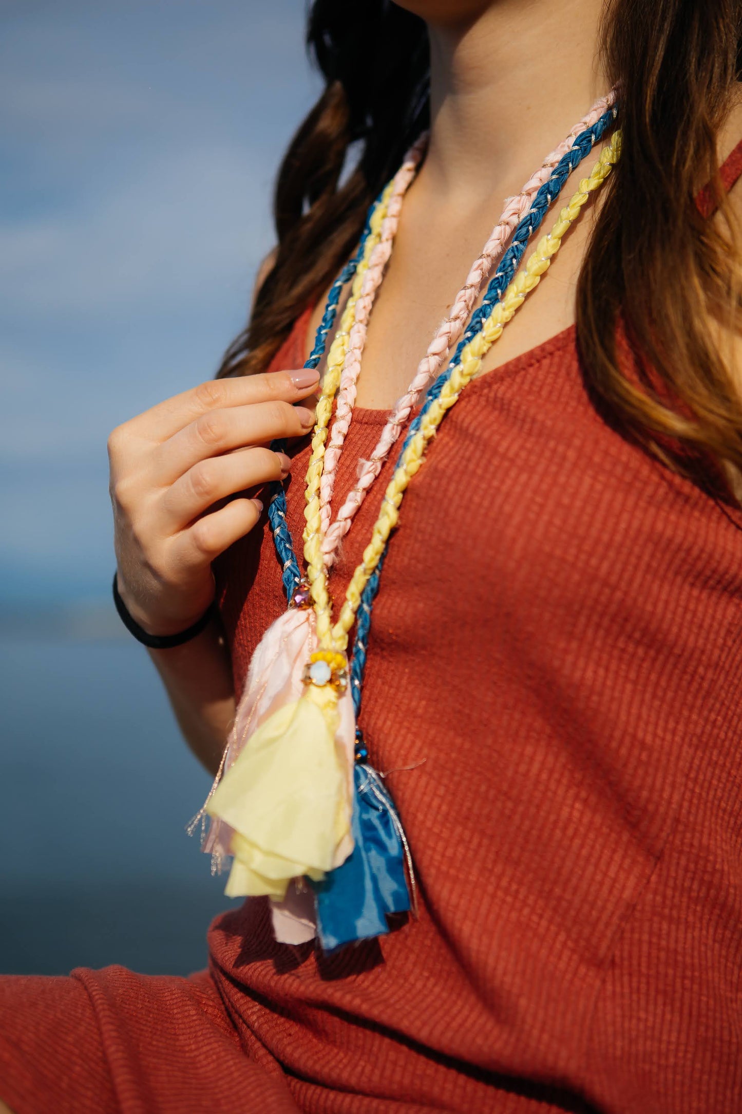 Collana treccia stoffa Ponginette Gialla limone - arancio - Giallo ecru