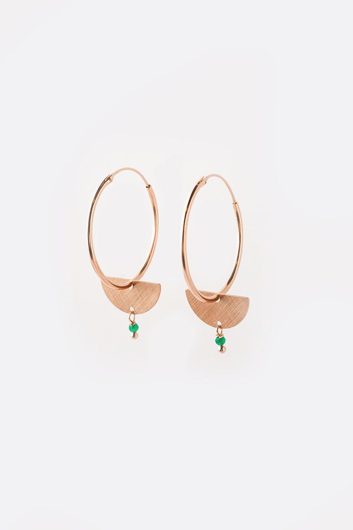 Orecchini medi in argento oro rosa ciondolo mezza luna - agata verde